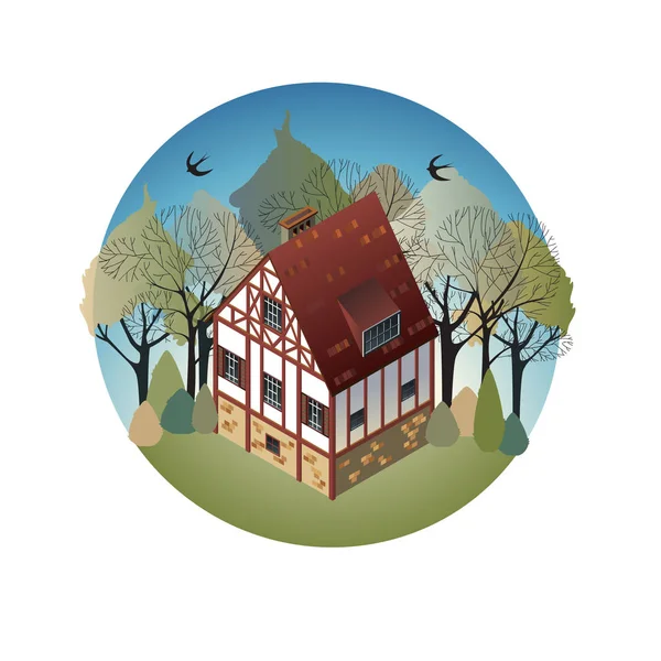 Colorful antique European home. Rent country houses. Sale, Real Estate. Spring. — Stock Vector