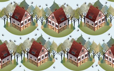 Rahat Avrupa evleri ile Seamless modeli. Bahar. Düz stil vektör çizim.