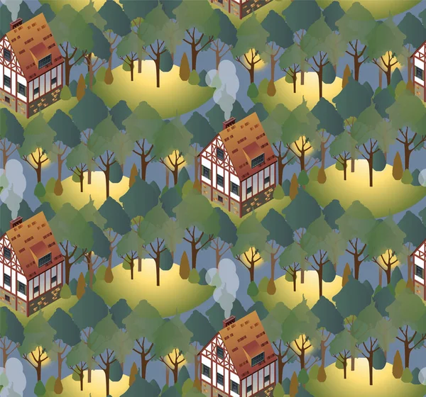 Rahat Avrupa evleri ile Seamless modeli. Yaz. Düz stil vektör çizim.