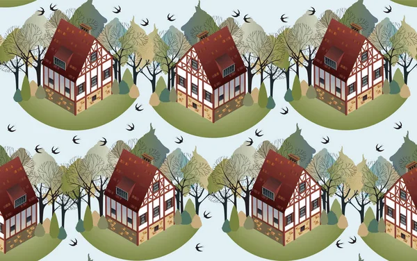Modello senza soluzione di continuità con accoglienti case europee. Primavera. Illustrazione vettoriale in stile piatto . — Vettoriale Stock