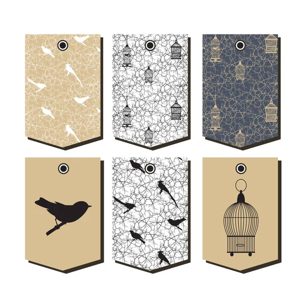 Tasarım şablonları kuşlar ve vintage birdcages sembolleri ile ambalaj vektör set