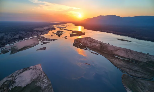Aerial West View Zambezi River Mountains African Wilderness Colorful Sunset — Stockfoto