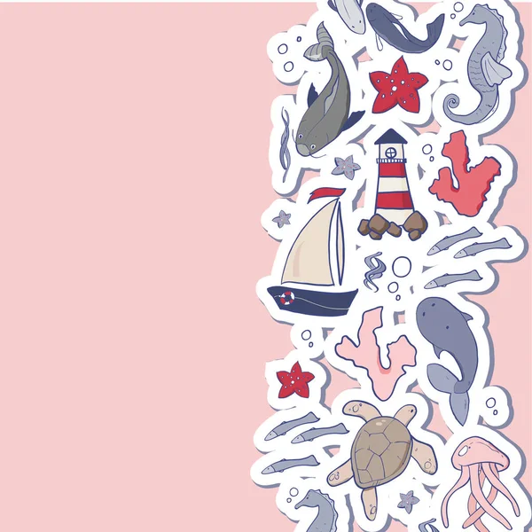 Deniz hayvanlarının ve diğerlerinin vektör çizimi.