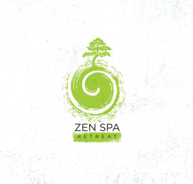 Zen Spa sağlık bütünsel geri çekilme organik işareti kavramı. Girdap illüstrasyon kaba üzerinde ağaçta dokulu arka plan