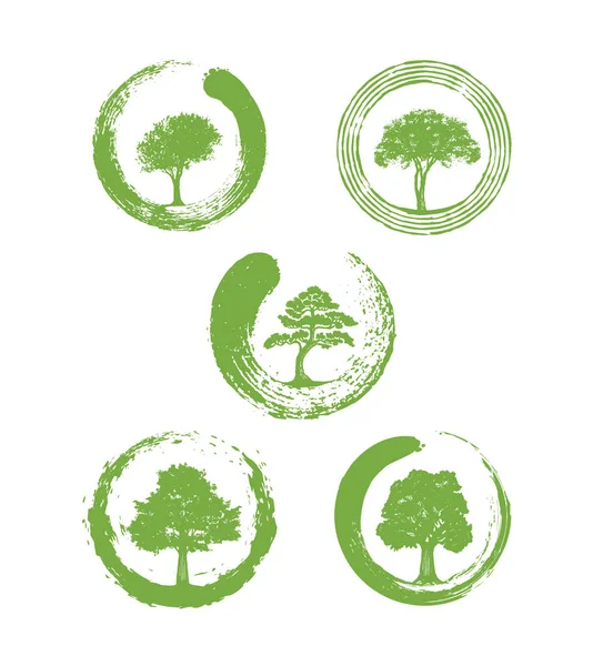 Zen Landscape Design Vector Design Element Set. Ilustración Holística Sostenible con Árbol y Círculo Orgánico — Archivo Imágenes Vectoriales