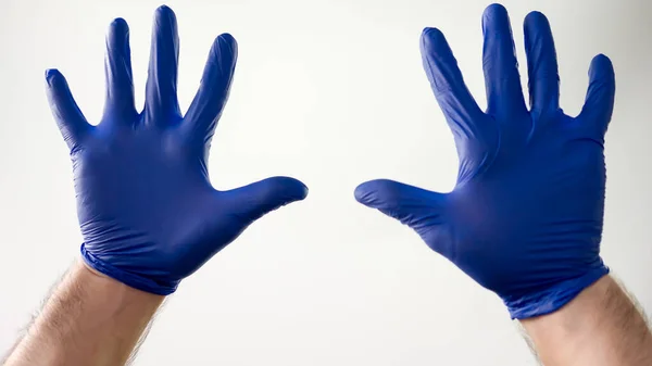 Mãos Luvas Médicas Sobre Fundo Branco Gestos Mão — Fotografia de Stock