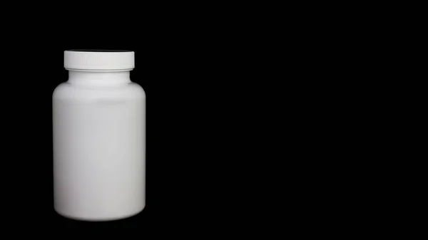 Leere Weiße Medizinische Flasche Auf Schwarzem Hintergrund — Stockfoto