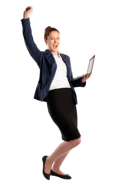 Full length portrait of businesswoman with laptop, isolated on a white background — Stock Photo, Image