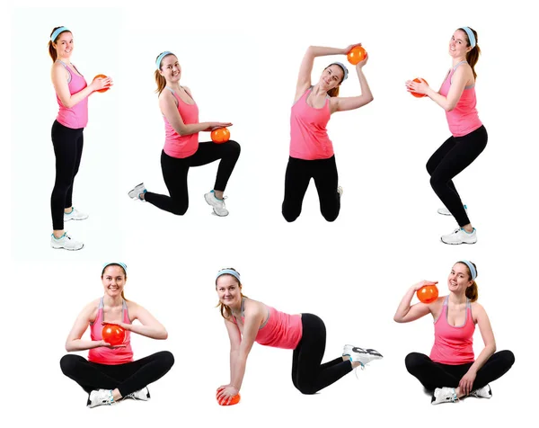 Conjunto de mujer en ejercicio con bola pequeña, aislada en blanco —  Fotos de Stock
