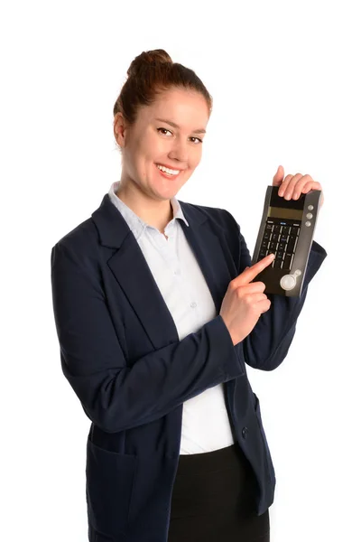 Buchhalterin zeigen Taschenrechner. junge Geschäftsfrau. weißer Hintergrund isoliert lizenzfreie Stockfotos