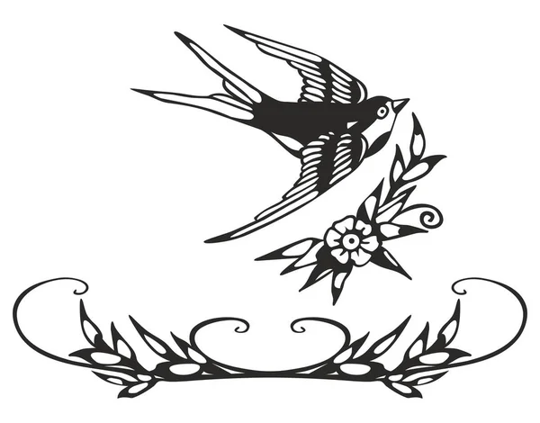 Vintage Tattoo - madár és virág — Stock Vector