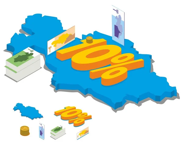 Izometrická mapa Kazachstánu a peníze. sleva 10 %. Mince a bankovky Kzt. — Stockový vektor