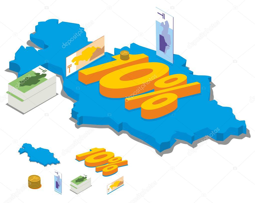 Isometric map of Kazakhstan and money. 10% discount. Coins and banknotes of KZT.