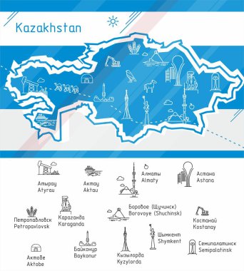 Kazakistan Haritası büyük şehirlerin simgeleri ile vektör.