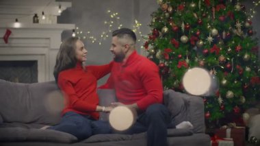 Rahat ev arka planda Noel ağacı koltukta oturan genç Çift