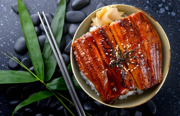 日本鳗鲡烤与米饭或鳗鱼唐. — 图库照片