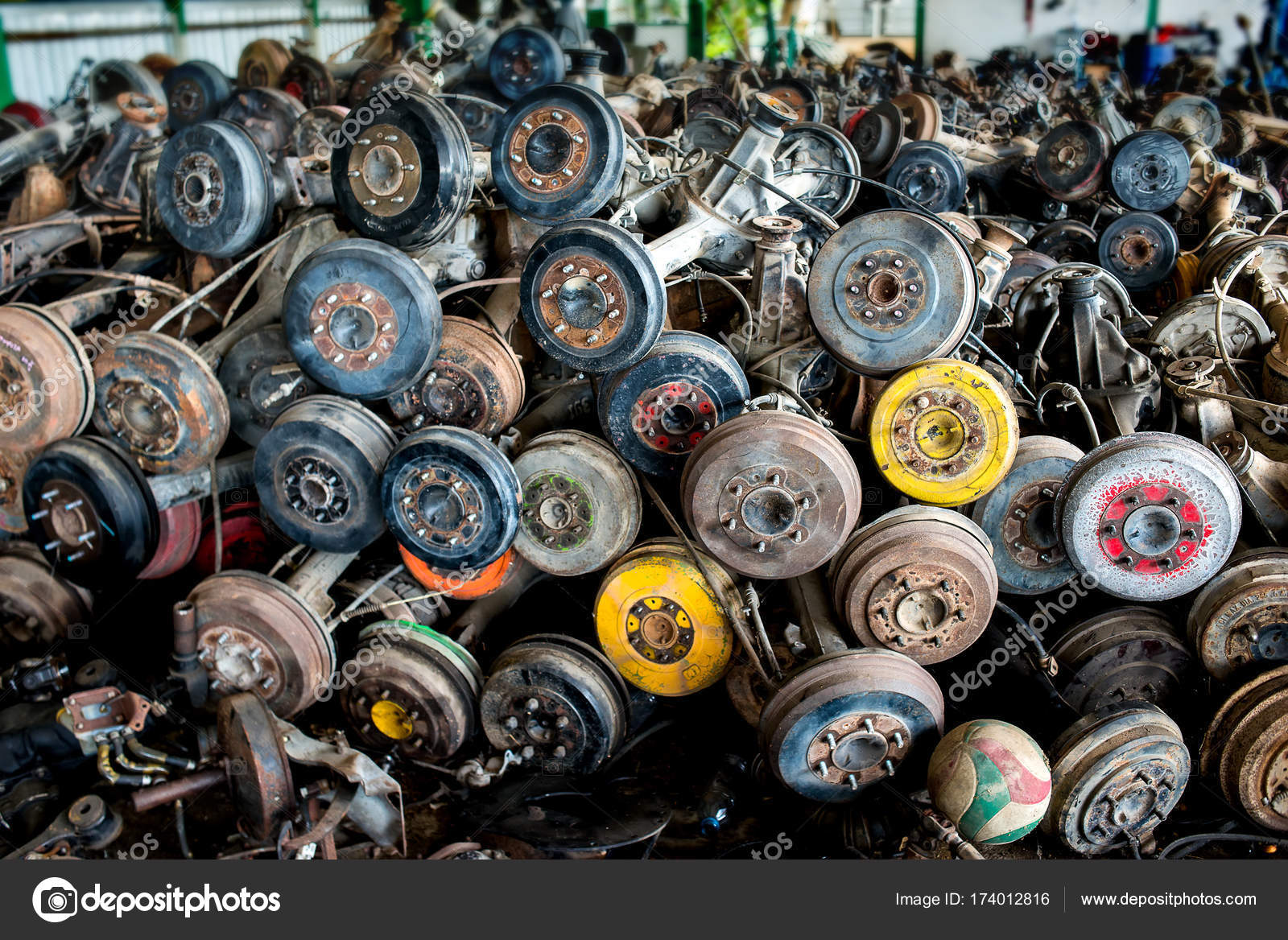 Used Old Car Wheel Axle Recycle Garage Sale Photo Indoor Stock