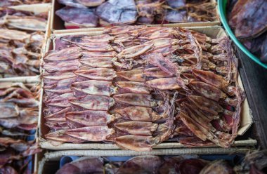 Düşük ışıklandırmalı tuzlu, kurutulmuş mürekkep balıkları..