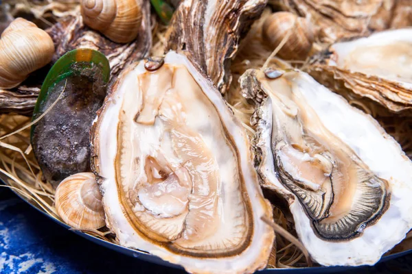 Öppnade ostron på Folkmusik inredda plattan med citron och oyster kniv i restaurang utfodring med ros champagne — Stockfoto