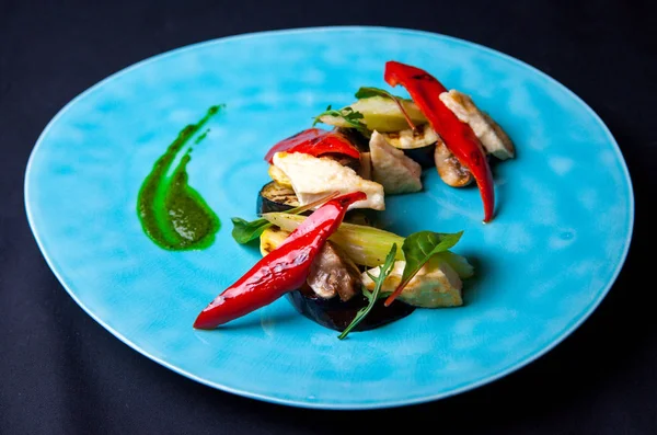 Spring fitness grilled vegetables salad with papper, mushrummes  in a restaurant feeding from chef. Grilled vegetables