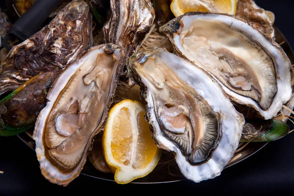 Öppnade ostron på Folkmusik inredda plattan med citron och oyster kniv i restaurang utfodring med ros champagne — Stockfoto