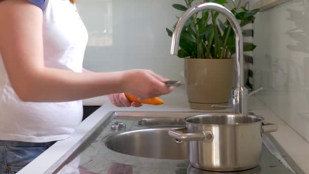 Femme épluche les légumes avec un éplucheur de légumes. Une femme épluche des carottes et des pommes de terre avec un éplucheur de légumes — Video