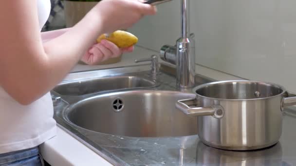 Mujer pela verduras con pelador de verduras. Una mujer está pelando zanahorias y papas con un pelador de verduras — Vídeos de Stock