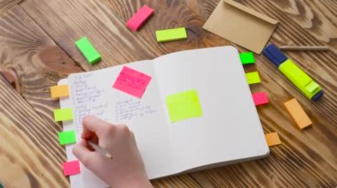 Kadın Notlar not defteri yazın. Ofis, banka donatımı ile açık not etmek. Marker, kalem, kalem ve çıkartmaları ile ahşap bir masaüstünde açık not defteri yatıyor