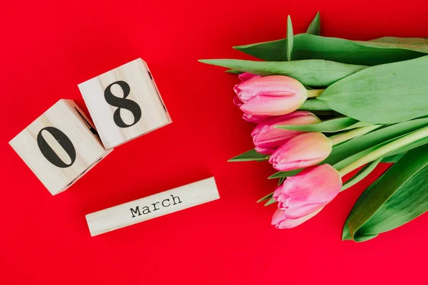 Mars Glad Kvinnors Dag Koncept Med Träblock Kalender Och Rosa — Stockfoto