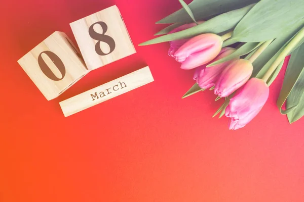 Mars Glad Kvinnors Dag Koncept Med Träblock Kalender Och Rosa — Stockfoto