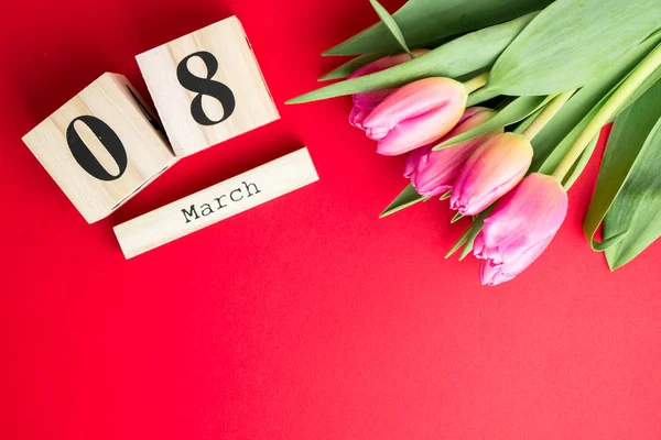 Mars Glad Kvinnors Dag Koncept Med Träblock Kalender Och Rosa — Stockfoto