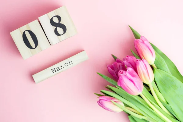 March Happy Women Day Concept Wooden Block Calendar Pink Tulips — Stock Photo, Image