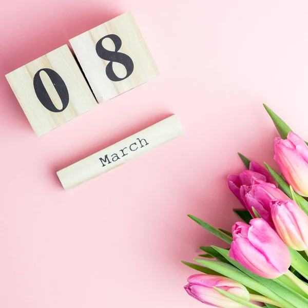 March Happy Women Day Concept Wooden Block Calendar Pink Tulips — Stock Photo, Image