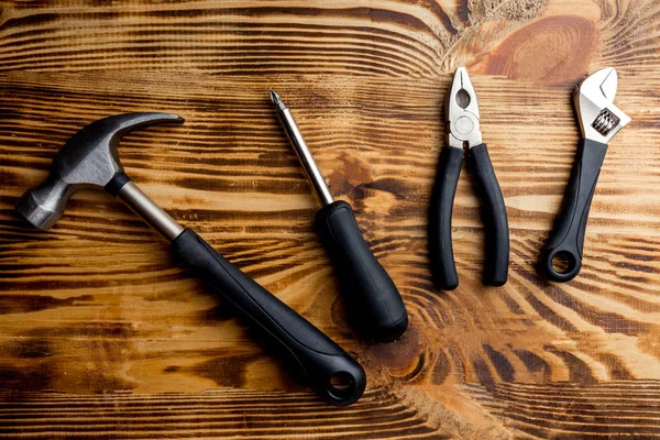 Building Tools Dark Wooden Background Top View Copy Space — Stock Photo, Image