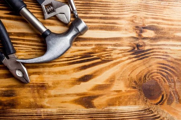 Building Tools Dark Wooden Background Top View Copy Space — Stock Photo, Image