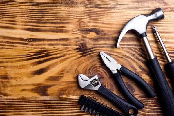 Building Tools Dark Wooden Background Top View Copy Space — Stock Photo, Image