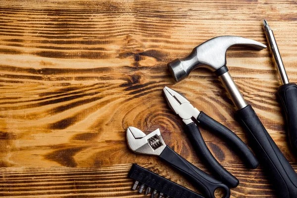 Building Tools Dark Wooden Background Top View Copy Space — Stock Photo, Image