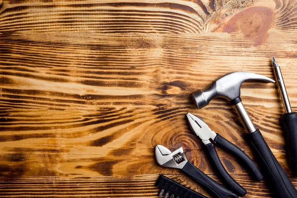 Building Tools Dark Wooden Background Top View Copy Space — Stock Photo, Image