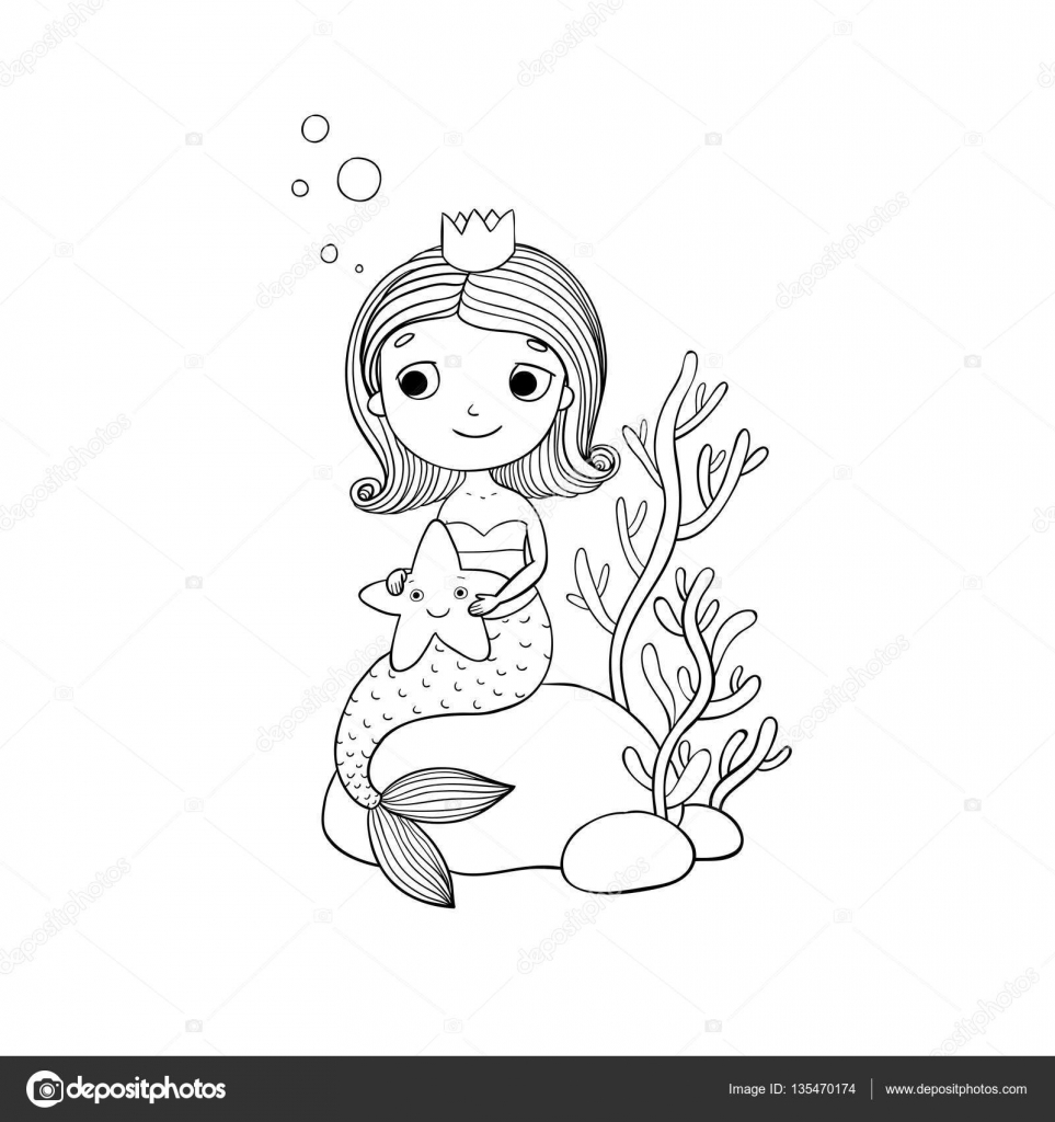 Schöne kleine Meerjungfrau mit einem Seestern auf einem