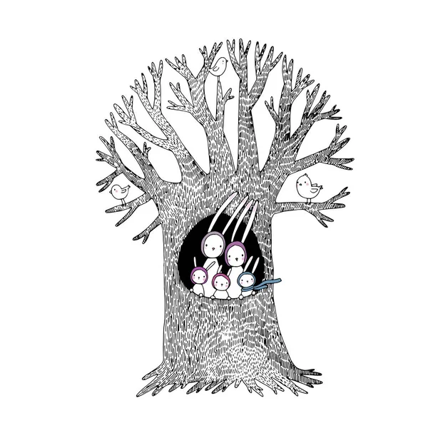 Árbol mágico y conejos lindos. Ilustración vectorial . — Archivo Imágenes Vectoriales