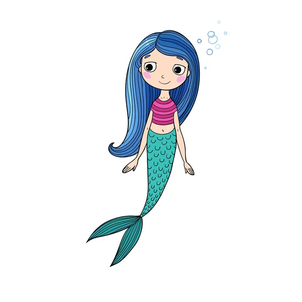 Hermosa linda sirena de dibujos animados con el pelo largo. Sirena. Tema Mar . — Vector de stock