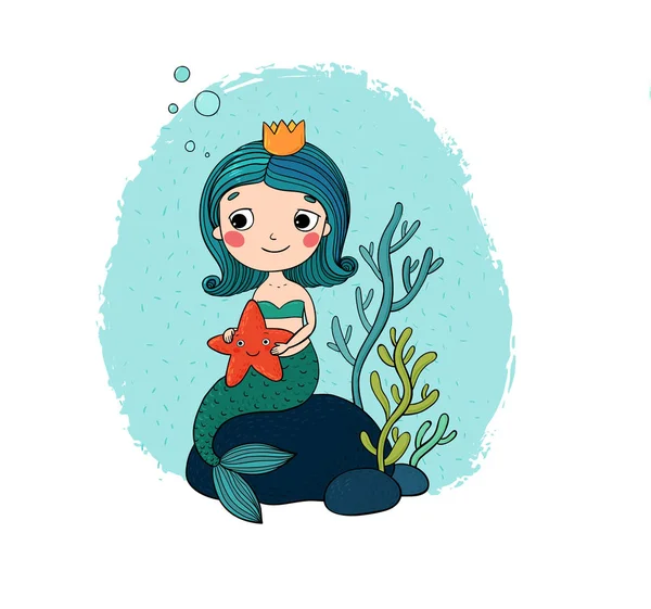 Pequena sereia bonita com uma estrela do mar sentada em uma pedra . —  Vetores de Stock