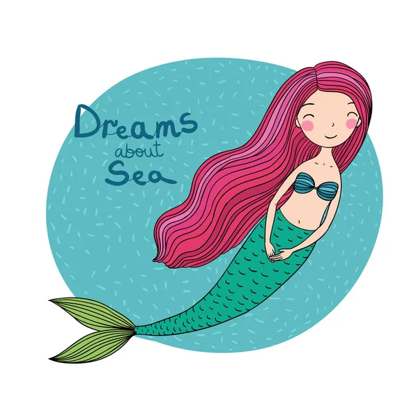 Krásný roztomilý kreslený mořská víla s dlouhými vlasy. Siréna. Motiv mořské. — Stockový vektor