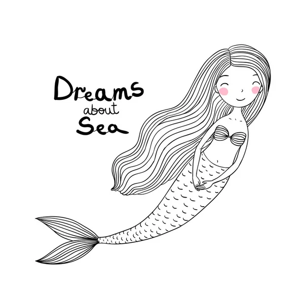 Linda sereia dos desenhos animados bonito com cabelo comprido. Sirene. Tema mar . —  Vetores de Stock