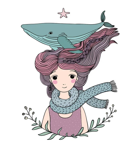 Schöne junge Matrosin mit einem Wal im Haar. Meerestiere. — Stockvektor
