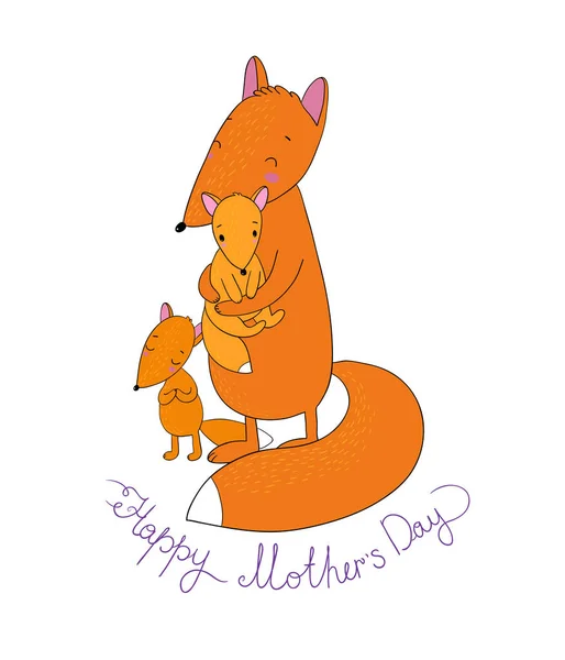 Família de bonito cartoon fox. Animais engraçados. Feliz dia da mãe — Vetor de Stock