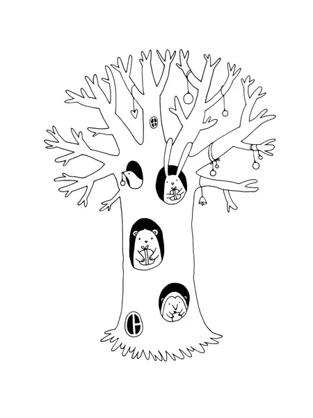 Kouzelný strom, zvířata a dary. — Stockový vektor