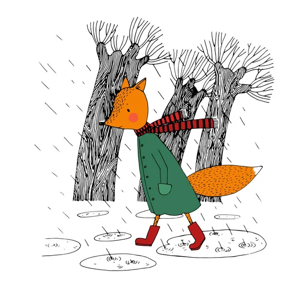 Triste renard marchant sous la pluie . — Image vectorielle