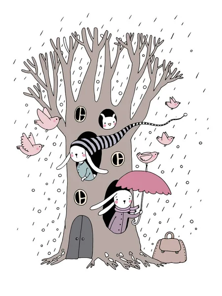 Arbre magique, lapins et oiseaux . — Image vectorielle