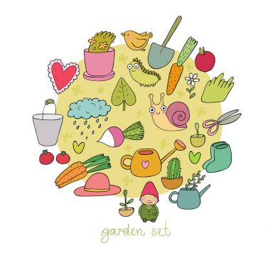 Bahçe nesneleri kümesi. Bitkiler, tencere ve araçları bahçe için. Sebze ve böcekler.